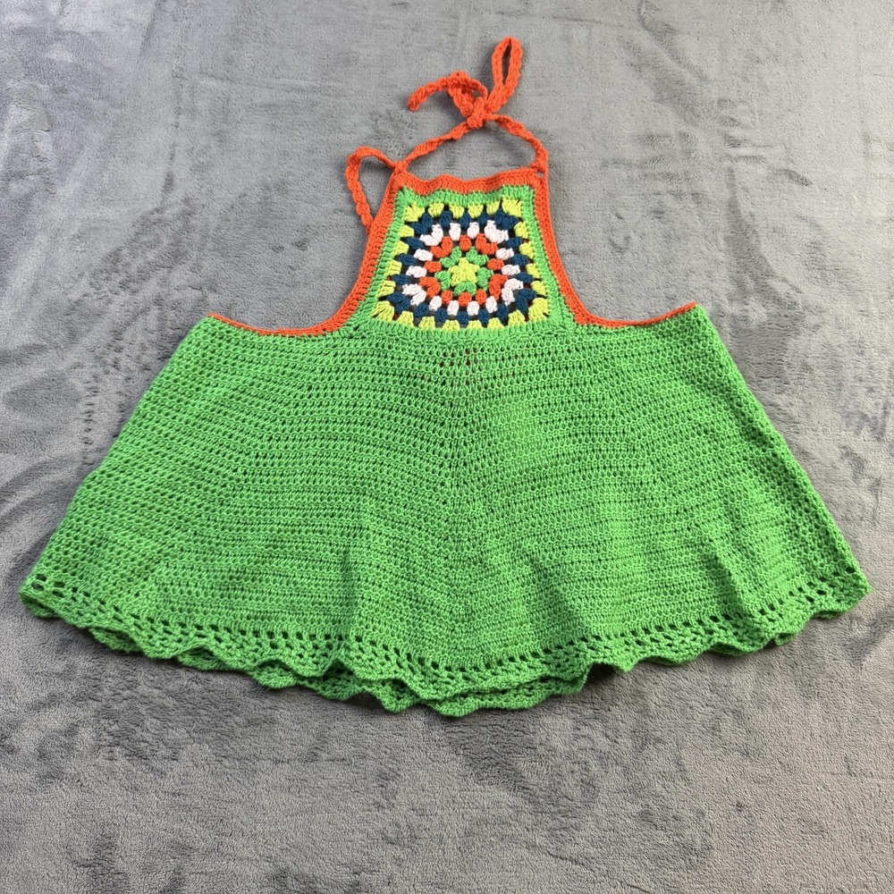 MadRag Crochet Halter Tank‎ Top Womens Large Green Orange Granny Square Boho